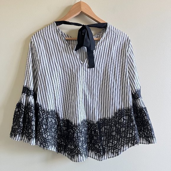 Zara Striped Bell Sleeve Top with Lace Detailing Womens Size S Blouse Crewneck - Picture 11 of 11